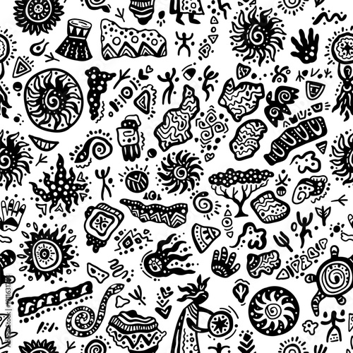 Africa shapes seamless pattern of ethnic symbols, drawings of Africans. Ethiopia. Vector illustration tribal geometric decoration background. Vector Ancient indian shapes and animal print doodles. 