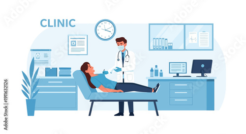 Doctor Performing Medical Examination on Female Patient in Clinic. Diagnostic Check-up and Healthcare Consultation Vector Illustration.
