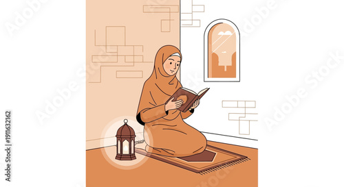 Muslim Woman Reading Quran on Prayer Mat with Lantern