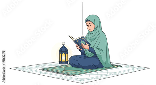 Muslim Woman Reading Quran on Prayer Mat with Lantern