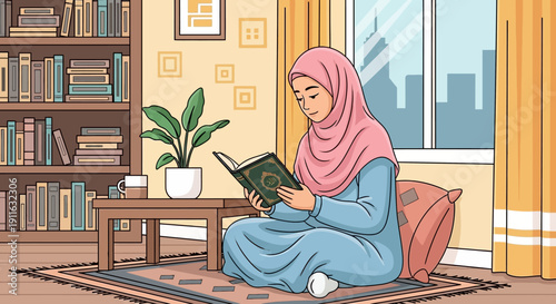 Young Muslim woman in hijab reading Quran at home, peaceful lifestyle