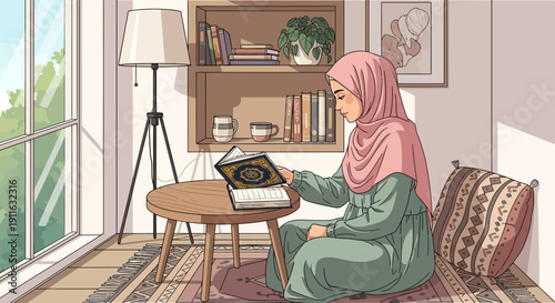 Young Muslim woman in hijab reading Quran at home, peaceful study and faith