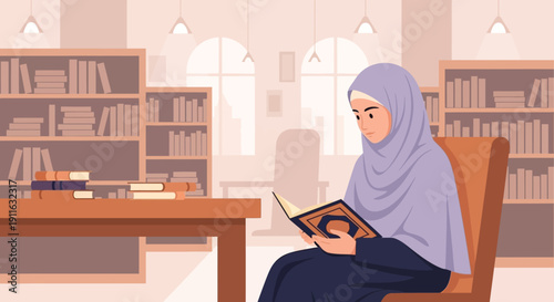 Young Muslim woman in hijab reading holy book in library, peaceful study
