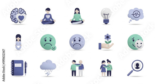 Collection of Icons Representing Mental Health and Well-being Concepts.