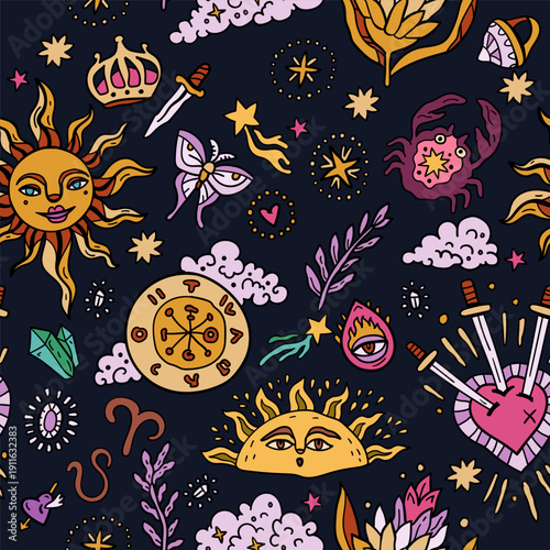 Space and stars seamless pattern with Western astrology. Zodiac animals. A cosmic fantasy backdrop for teenagers and small children. Fun zodiac and tarot cards. Fortune telling and magic