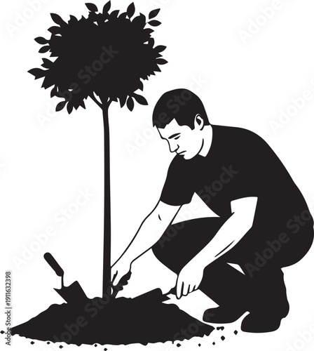 Man kneeling planting small tree sapling into soil with hand trowel vector silhouette illustration line art
