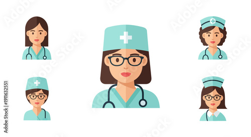 Female Doctor and Nurse Avatars Set. Flat design vector icons of diverse healthcare professional portraits with stethoscopes and medical hats.
