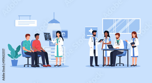 Professional Healthcare Team: Doctors Consulting with Patients on X-rays and Collaborating in Clinic Office. Medical Diagnosis and Staff Meeting Vector Illustration.