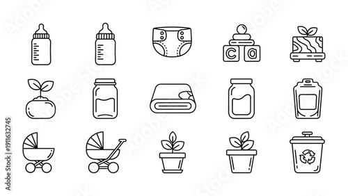 Nurturing Icons: A collection of simple, black and white line icons representing various elements related to nurturing and infancy. 