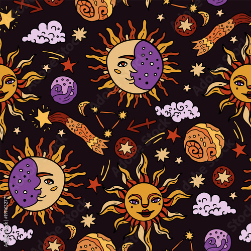A cosmic fantasy backdrop for teenagers and small children. Fun zodiac and tarot cards. Fortune telling and magic. Space and stars seamless pattern with astrology. The Sun, the Moon and the Stars