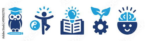 Education and knowledge icons featuring owl, book, lightbulb, and brain
