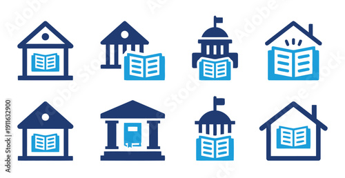 Educational institutions and buildings with open books symbolize learning and knowledge