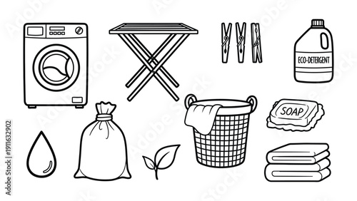 Laundry Day Essentials: A neat collection of laundry essentials, meticulously arranged for the perfect wash day experience, featuring a washing machine, detergent and more.