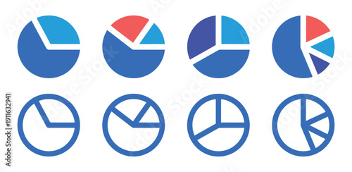 Eight pie chart icons, both filled and outlined, in various blue, red, and purple color combinations
