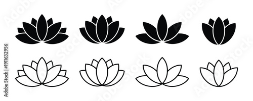 Eight lotus flower icons, half black and half outline style