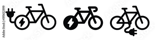 Electric bicycle icons with charging symbols and power plugs representing e-bike technology