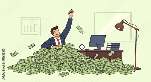 Joyful Businessman Drowning in Cash: Huge Profit, Financial Success, and Abundance at the Office Desk.