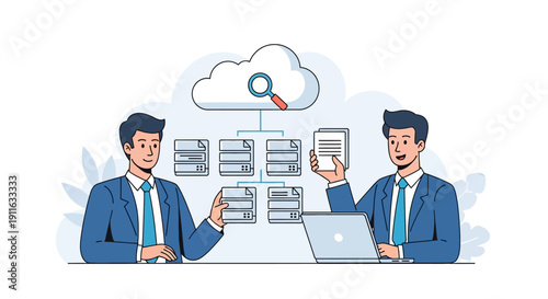 Two Businessmen Managing Cloud Data Flow and Server Storage Architecture. Modern Vector Illustration for IT Infrastructure and Database Search.