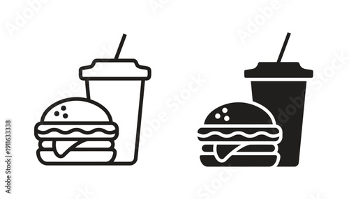 Fast food combo meal icons featuring burger and soda cup with straw