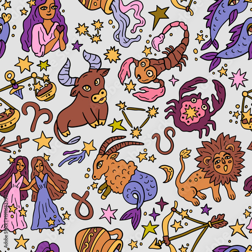 Seamless pattern with Western astrology. Zodiac animals. A cosmic fantasy backdrop for teenagers and small children. Fun zodiac.