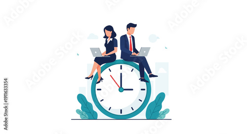 Efficient Time Management: Business Man and Woman Working on Laptops atop a Clock. Corporate productivity, project deadline, and workflow illustration.