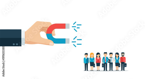 Hand holding Magnet attracting Business People. Recruitment, Talent Acquisition, Customer Attraction, and Lead Generation Concept.