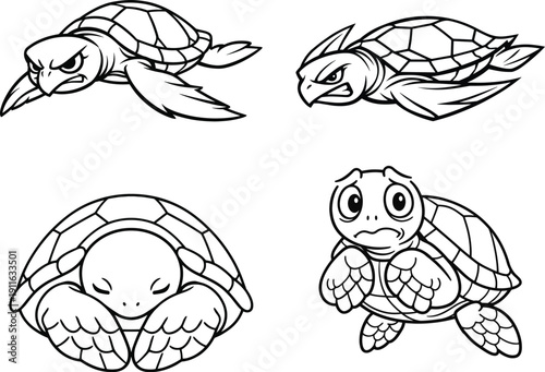 Angry and scared cartoon turtles, plus a sleeping one