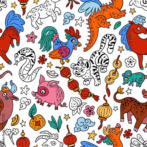 Animals of the Chinese zodiac. Seamless pattern with Eastern astrology. Bright doodle backdrop for teenagers and small children. Funny zodiac sign. Symbols of prosperity for the New Year