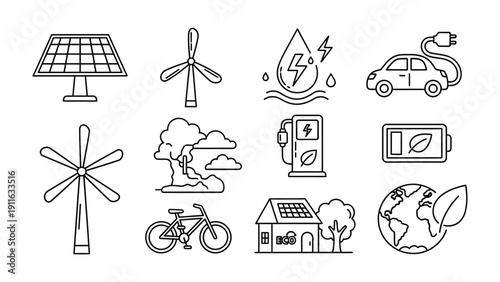 Sustainable Icons: A set of icons representing renewable energy sources and eco-friendly transportation, promoting a greener and more sustainable future.