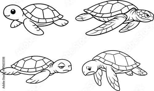 Collection of cartoon turtles with neutral, annoyed, and sad moods