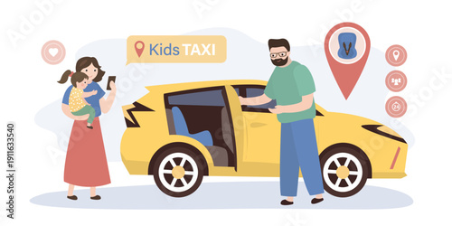 Mother with daughter entering yellow taxi car. Driver open door for passengers. Kids taxi with children chair. Safety transport.