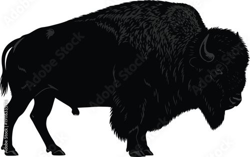 Bison standing alone in profile view with shaggy fur and curved horns in a simple illustration style
