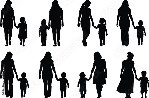 Silhouettes of mothers and children walking hand-in-hand