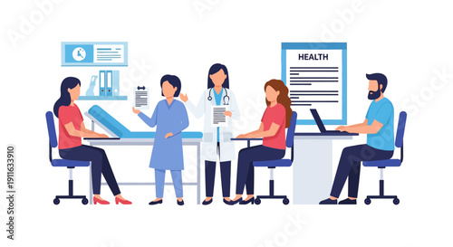 Flat vector illustration of doctors and nurses consulting with patients about health data in a clinic.