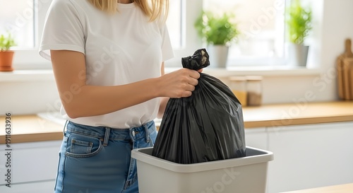 Woman Disposing of Household Waste in a Bright, Modern Kitchen