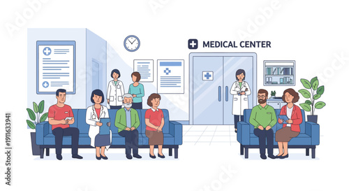 Medical Center Waiting Room Illustration with Diverse Patients and Doctors. Healthcare Service Queue or Hospital Lobby Scene Vector.