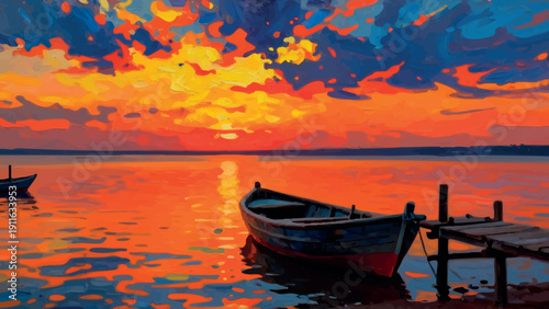 Vibrant sunset over calm water with a small boat and wooden dock.