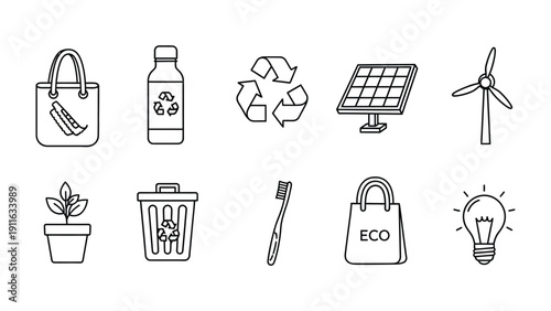 Eco-Friendly Icons: A visual compilation of eco-conscious symbols including reusable bags, recycling symbol, solar panel, wind turbine, plant, trash can, toothbrush, and a lightbulb