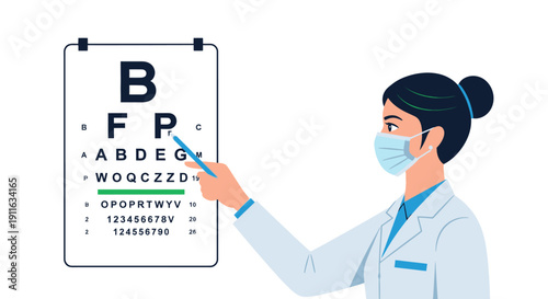 Female Optometrist in Mask Giving Eye Exam Using Snellen Vision Test Chart Illustration.