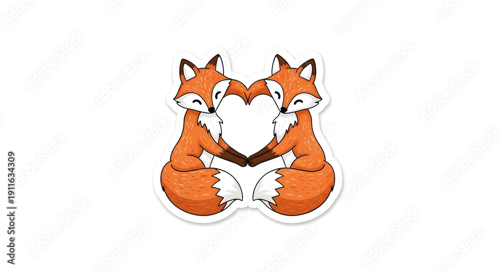 Fototapeta premium Two cartoon foxes forming a heart shape with their tails and faces together