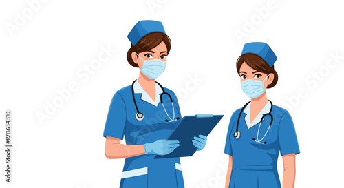 Professional Female Nurses in Scrubs and Medical Masks. Healthcare Workers Team Holding Clipboard. Essential Staff Vector Illustration on White Background.