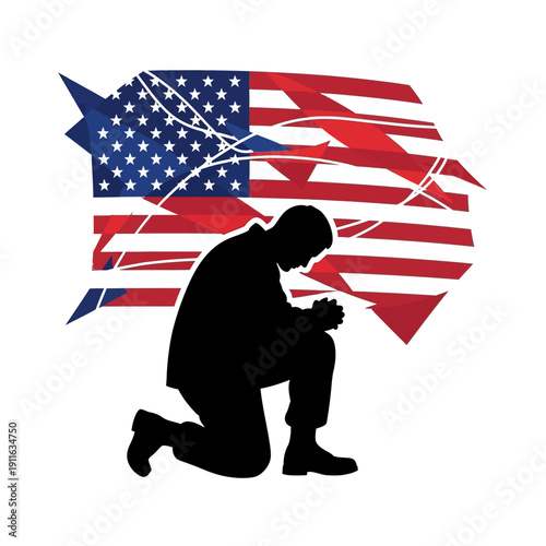 Soldier kneeling in prayer before American flag map silhouette, symbol of faith and patriotism