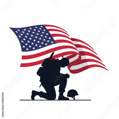 Soldier Kneeling Under American Flag, Memorial Day, Veterans Day, Patriotism