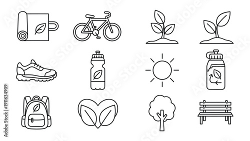 Eco-Friendly Icons: A collection of simple, minimalistic line drawings featuring essential symbols of sustainable living, ideal for eco-conscious designs.
