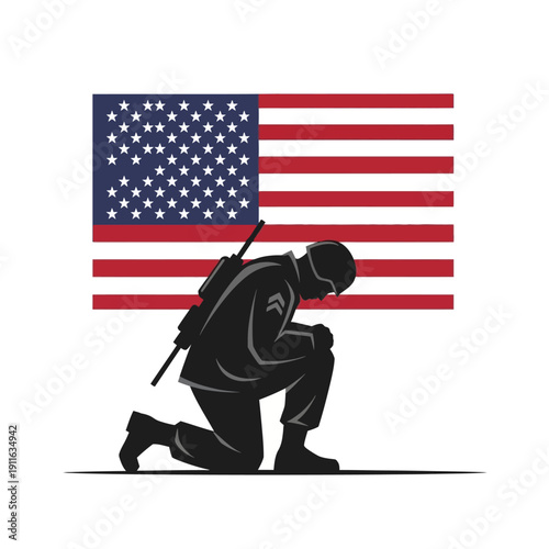 Soldier Kneeling Before American Flag - Respect, Remembrance, Patriotism