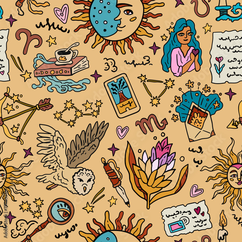 Seamless fairytale vector pattern with elements of tarot and astrology. Heart and stars. Esoteric-themed backdrop. Bright design for teenagers and children