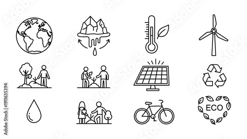 Eco Icons: A set of clean, minimalist icons symbolizing essential elements of ecology, featuring diverse concepts related to environmental protection and conservation.