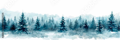 A serene watercolor painting depicts a misty, blue-toned coniferous forest scene.