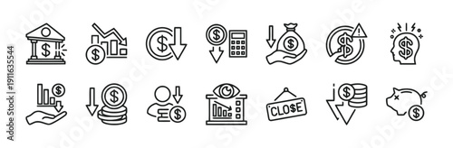 Financial crisis and economic downturn icons, showing recession, loss, and saving symbols