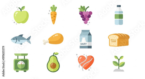 Collection of healthy food and drink icons.